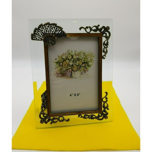 NWOT Glass Bronze Metal Fan Ornamental Scrolls Photo Frame w/Citrone Rhinestones - Picture 3 of 14